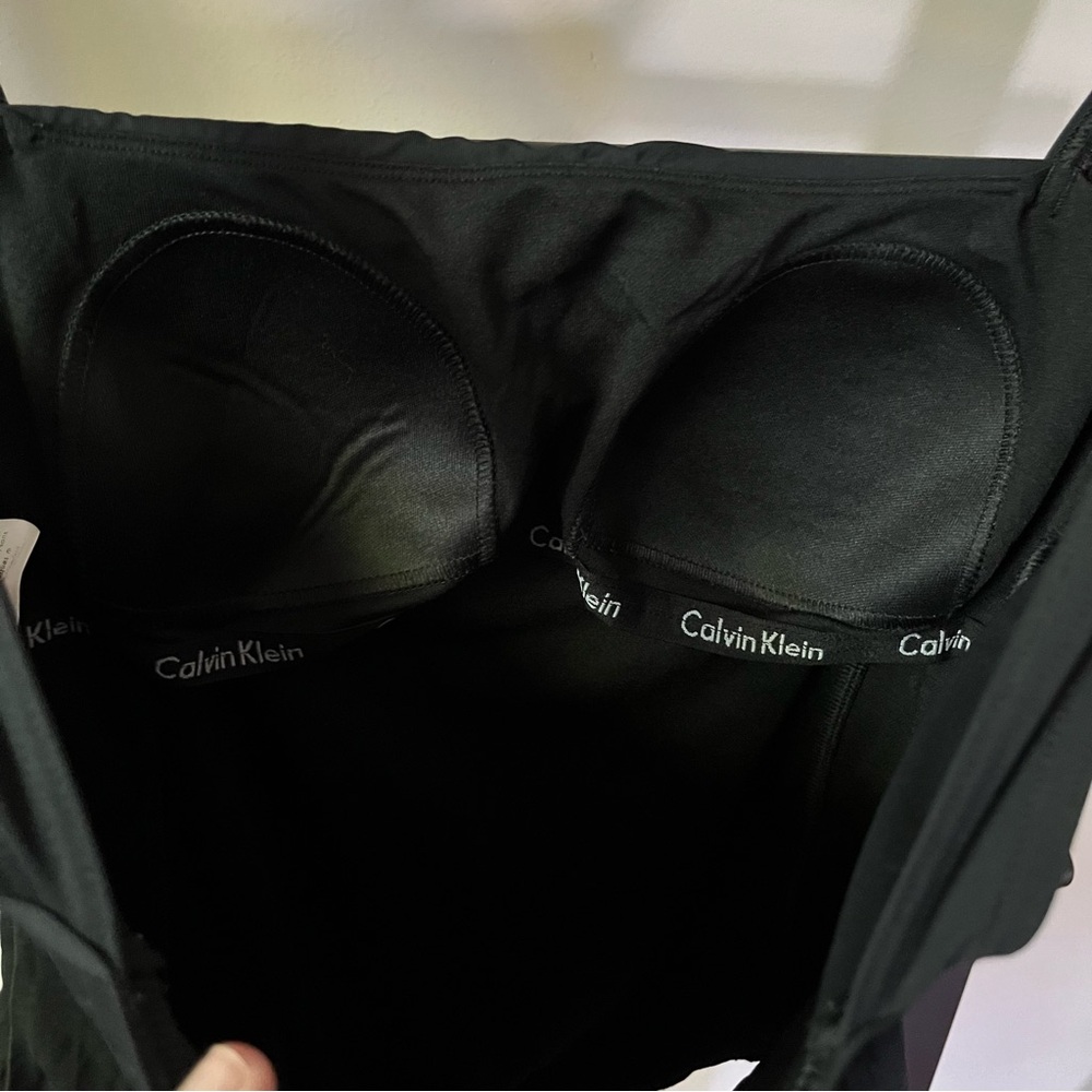 Calvin Klein Black Pleated Top One Piece Swimsuit Square Neck Shelf Bra Size 10 - Picture 5 of 7